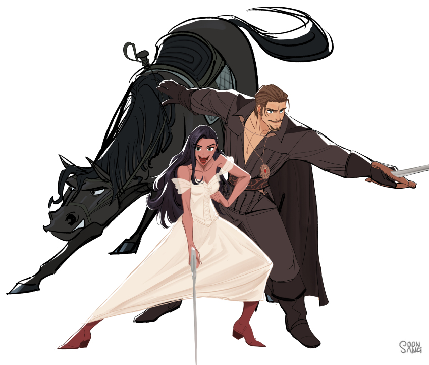 1boy, 1girl, absurdres, beard_stubble, black_horse, boots, brown_hair, commentary