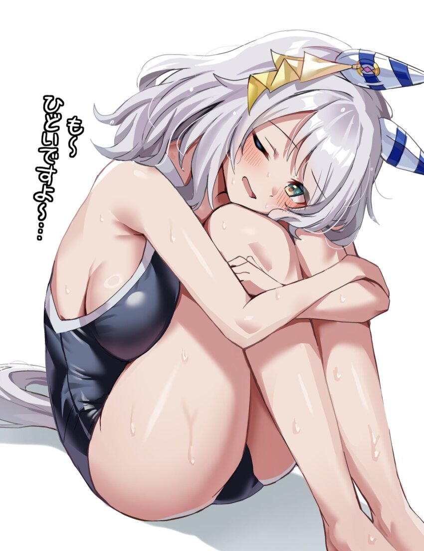 1girl, animal_ears, barefoot, black_one-piece_swimsuit, blue_eyes, bow, breast_press, breasts