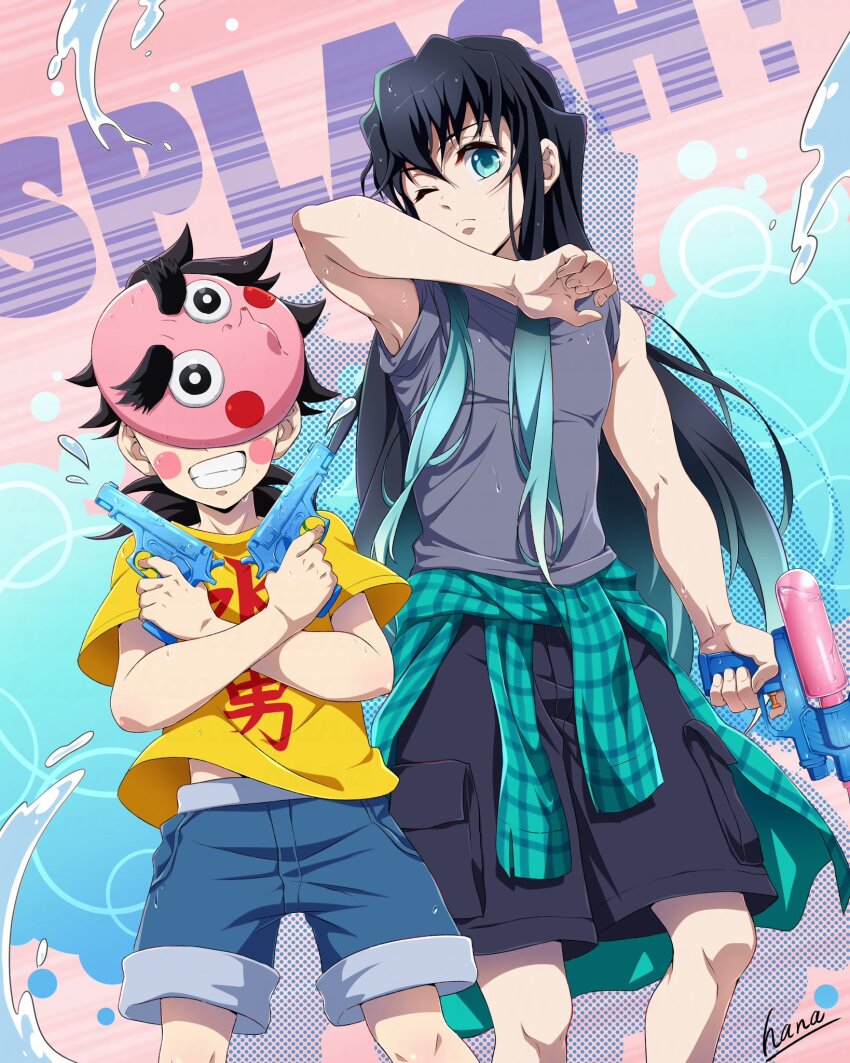 2boys, aqua_eyes, aqua_hair, black_hair, black_shorts, blue_shorts, closed_mouth, clothes_around_waist