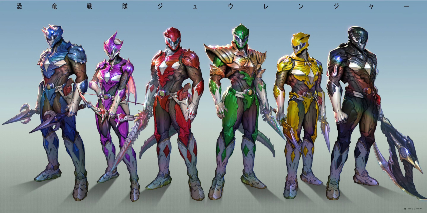 1girl, 5boys, armored_bodysuit, axe, battle_axe, bow_(weapon), dagger, highres, holding, holding_axe, holding_dagger, holding_knife, holding_sword, holding_weapon, knife, kyouryuu_sentai_zyuranger, lihaolow, multiple_boys, power_rangers, super_sentai, sword, weapon