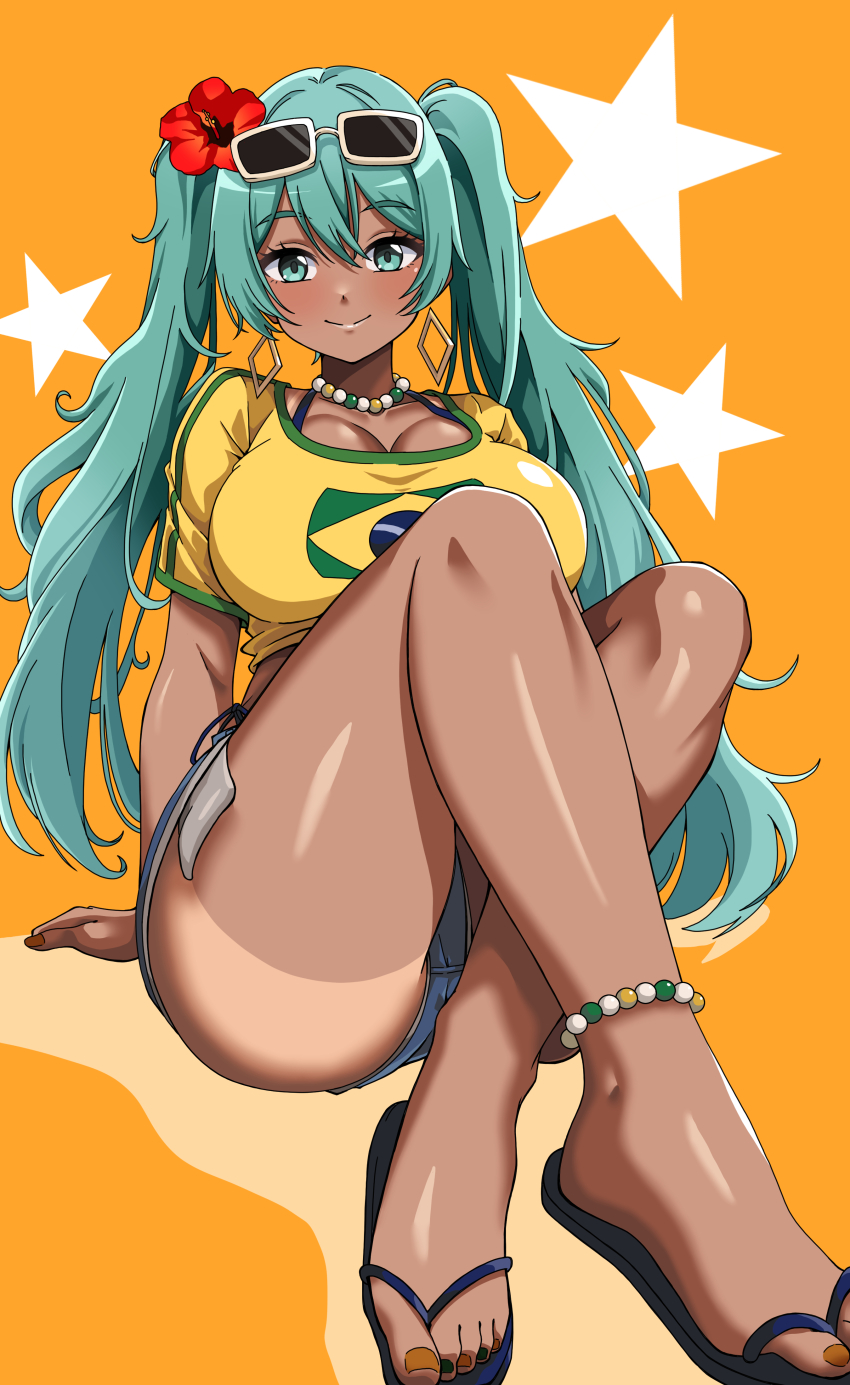 1girl, absurdres, aqua_eyes, aqua_hair, bead_choker, beads, brazilian_flag, brazilian_flag_print, brazilian_miku, breasts, exposed_pocket, eyewear_on_head, feet, flag_print, flip-flops, flower, forest_(4423), hair_flower, hair_ornament, hatsune_miku, highres, large_breasts, rectangular_earrings, sandals, shorts_tan, smile, star_(symbol), sunglasses, tan, tanline, tanline_peek, thighs, twintails, vocaloid, white-framed_eyewear