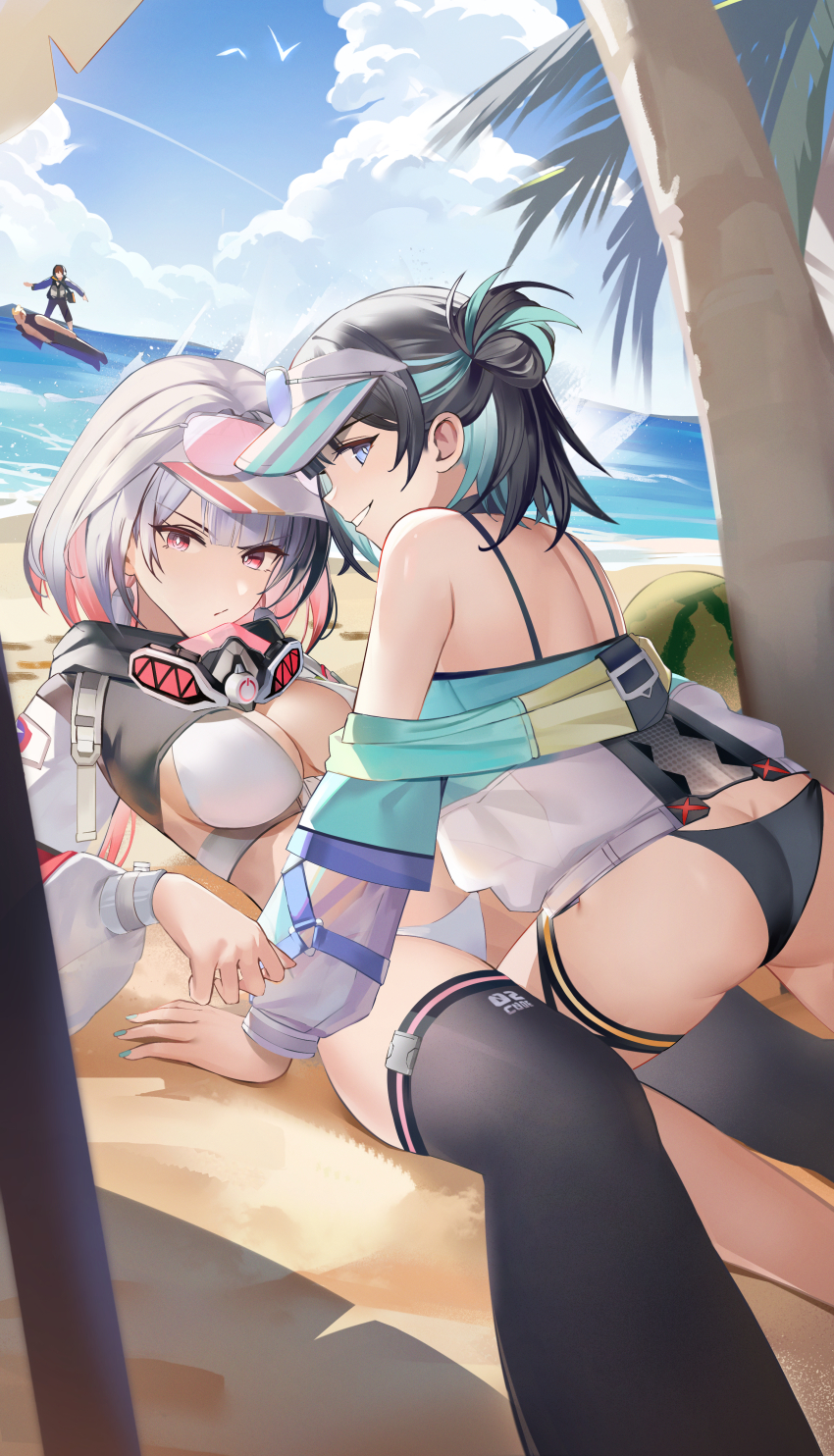 2girls, absurdres, ass, beach, bikini, black_bikini, black_hair, black_survival