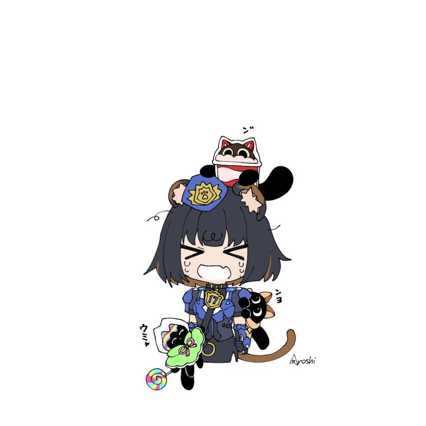 1girl, animal_ears, aroshi_ygo_0, artist_name, black_hair, blue_jacket, brown_hair, chibi