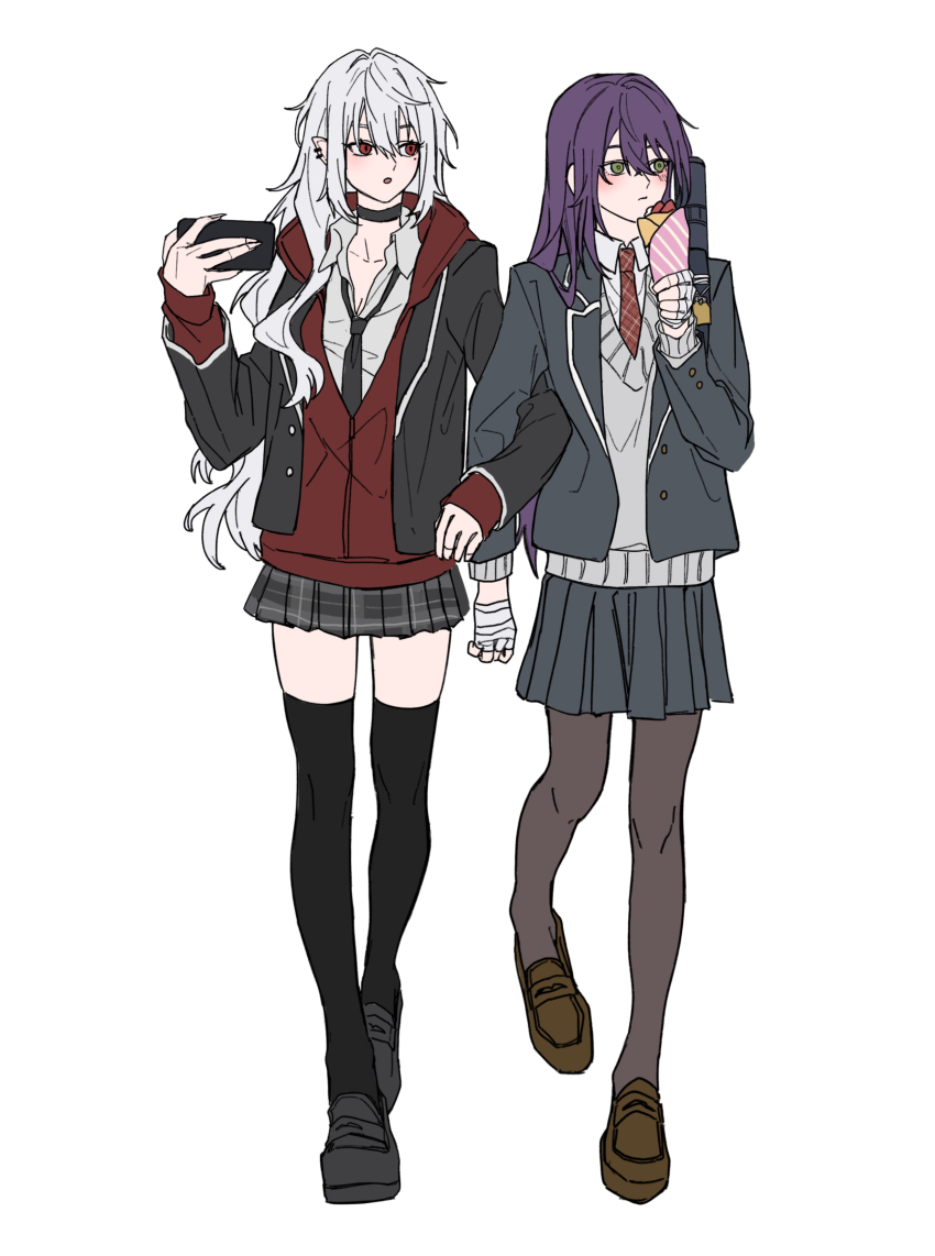 2girls, absurdres, bandaged_hand, bandages, black_choker, black_necktie, black_pantyhose, black_shoes, black_thighhighs, blazer, blue_eyes, blush, brown_hair, brown_shoes, cardigan, cellphone, choker, closed_mouth, collared_shirt, crepe, ear_piercing, food, full_body, genderswap, genderswap_(mtf), grey_hair, grey_shirt, grey_skirt, highres, holding, holding_crepe, holding_food, holding_phone, jacket, kenmochi_touko, kenmochi_touya, kuzuha_(nijisanji), mole, mole_under_eye, multiple_girls, necktie, nijisanji, open_mouth, pantyhose, phone, piercing, red_cardigan, red_eyes, red_necktie, sanya_(nijisanji), shirt, shoes, simple_background, skirt, smartphone, standing, sumi_(n29250), sweater_vest, thighhighs, virtual_youtuber, white_background