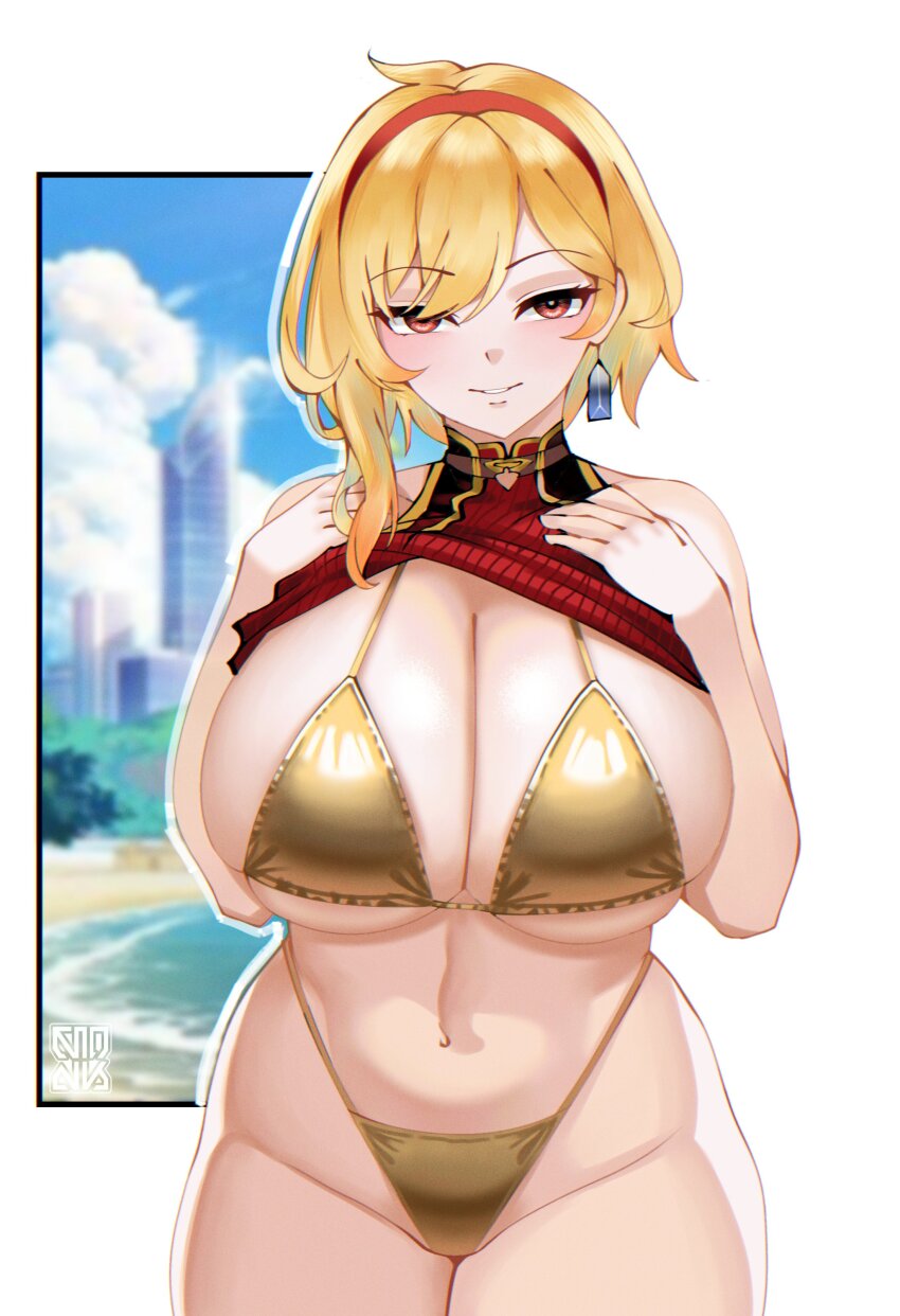 1girl, absurdres, alternate_costume, bikini, blonde_hair, breasts, cleavage, collarbone