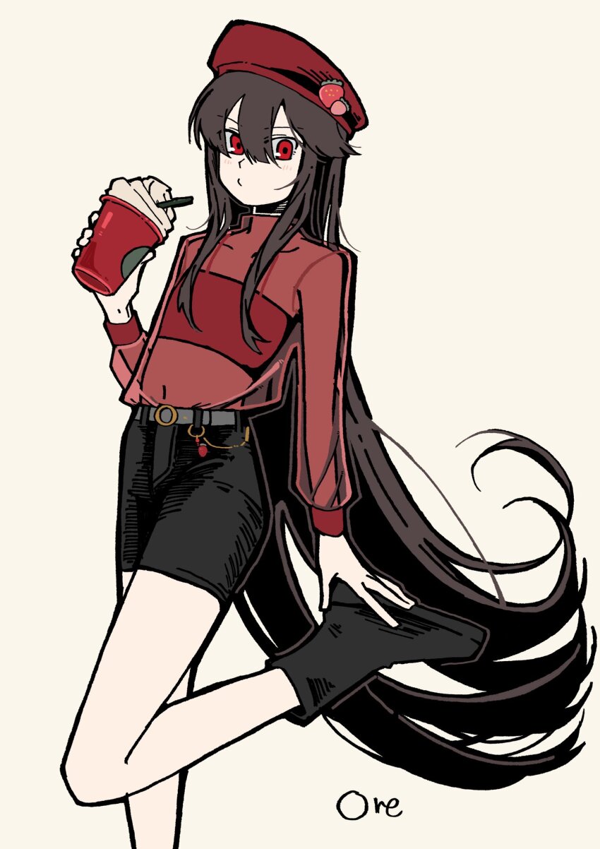 1girl, alternate_costume, artist_name, belt, black_hair, black_shoes, black_shorts, blush