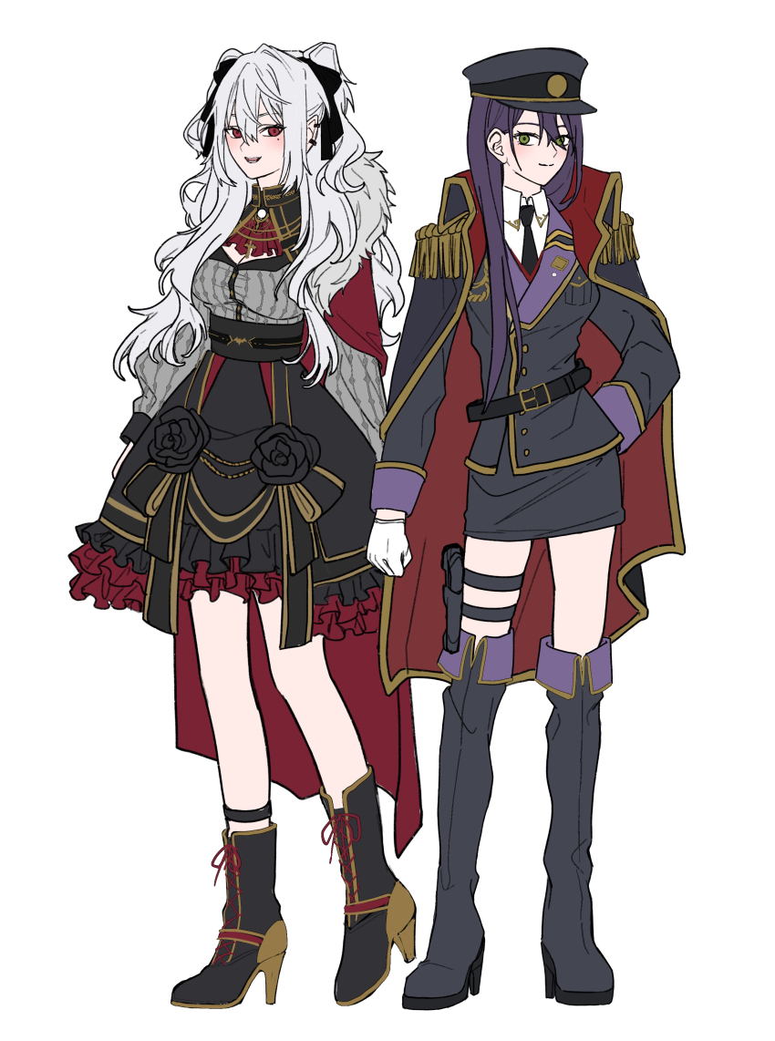 2girls, absurdres, ascot, belt, black_belt, black_boots, black_hat, black_necktie