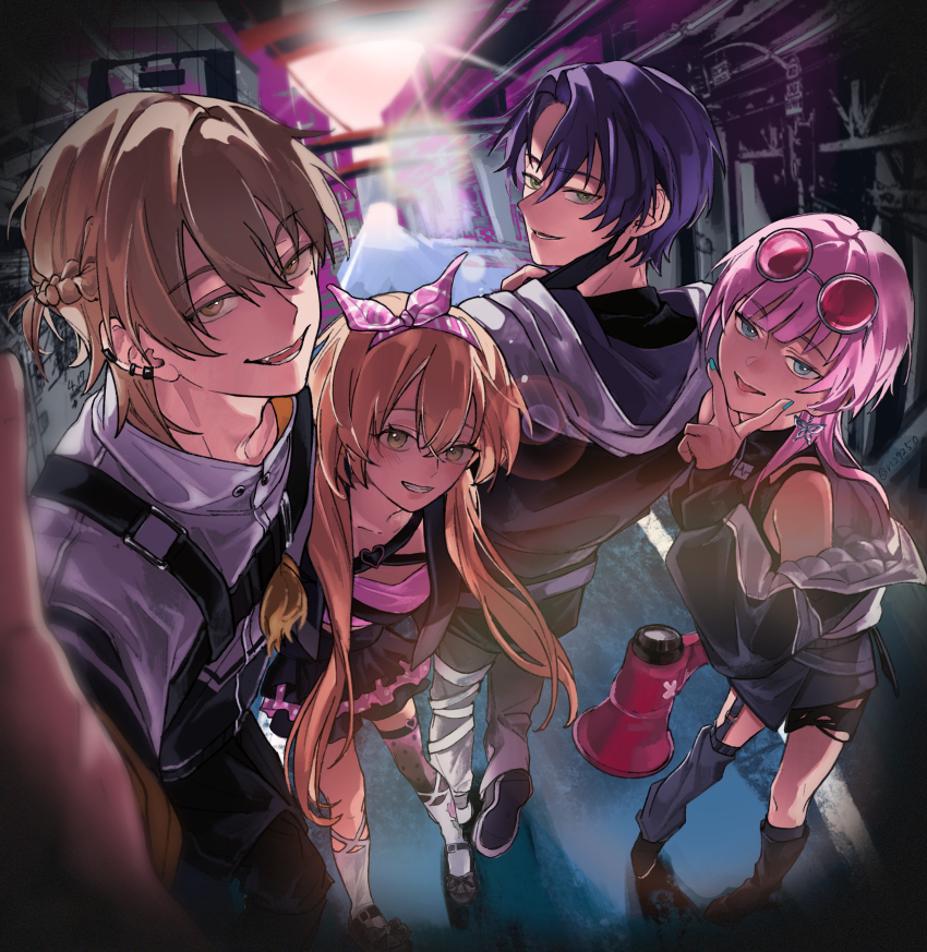 2boys, 2girls, absurdres, bare_shoulders, black_hair, black_hoodie, black_mask, black_skirt