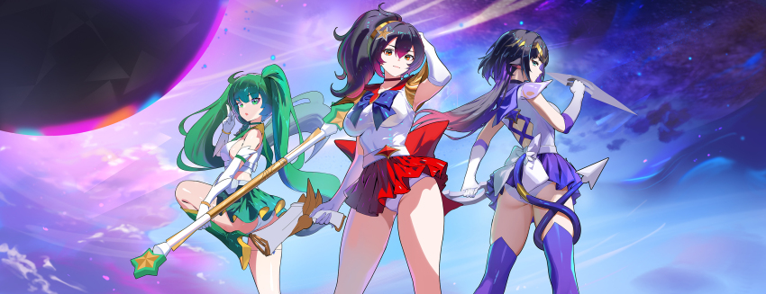 3girls, back_cutout, bishoujo_senshi_sailor_moon, black_hair, clothing_cutout, cowboy_shot, floating_hair, from_behind