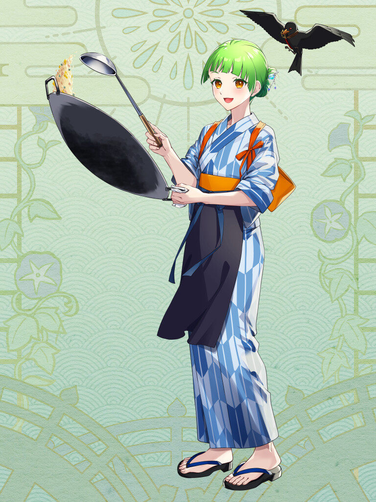 1girl, :d, apron, bird, black_apron, blue_kimono, brown_eyes, crow, dairoku_ryouhei, food, fried_rice, full_body, green_background, green_hair, hikita_kikuzuki, holding, holding_spoon, japanese_clothes, kimono, open_mouth, sandals, short_hair, short_sleeves, smile, sosakana_(tw), spoon, standing, tasuki, wok, yagasuri