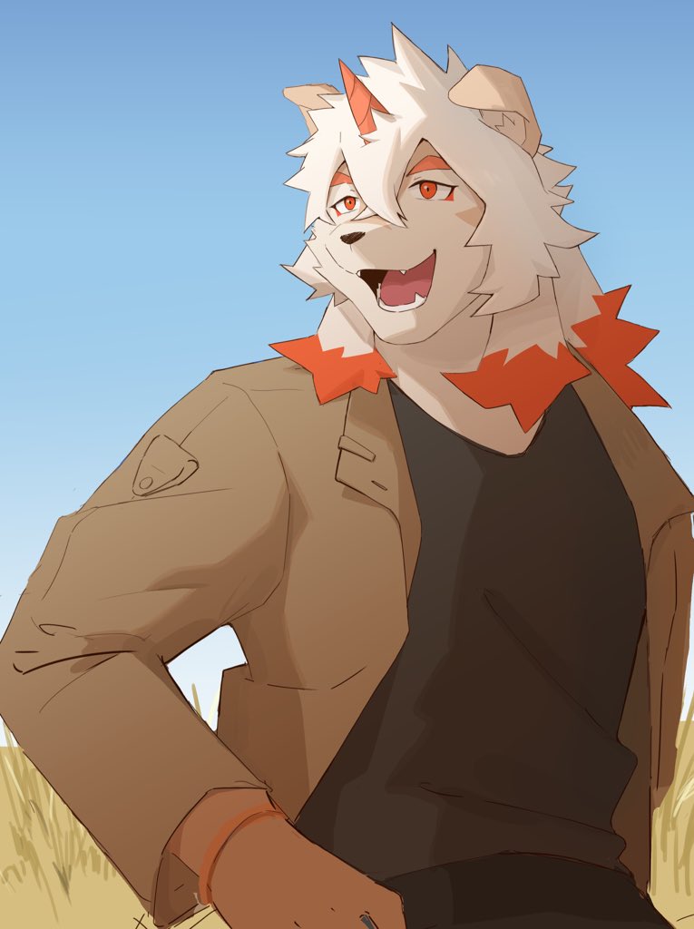 1boy, arknights, black_shirt, brown_jacket, chinese_commentary, colored_tips, commentary_request, fangs