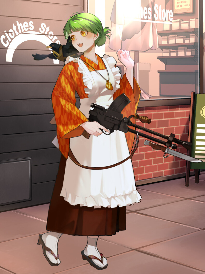 1girl, :d, apron, bayonet, bird, crow, dairoku_ryouhei, day, full_body, green_hair, gun, hair_up, hand_up, highres, hikita_kikuzuki, holding, holding_gun, holding_weapon, japanese_clothes, jewelry, kimono, napthol_(tw), necklace, open_mouth, outdoors, sandals, smile, socks, solo, standing, weapon, white_socks, yagasuri, yellow_eyes