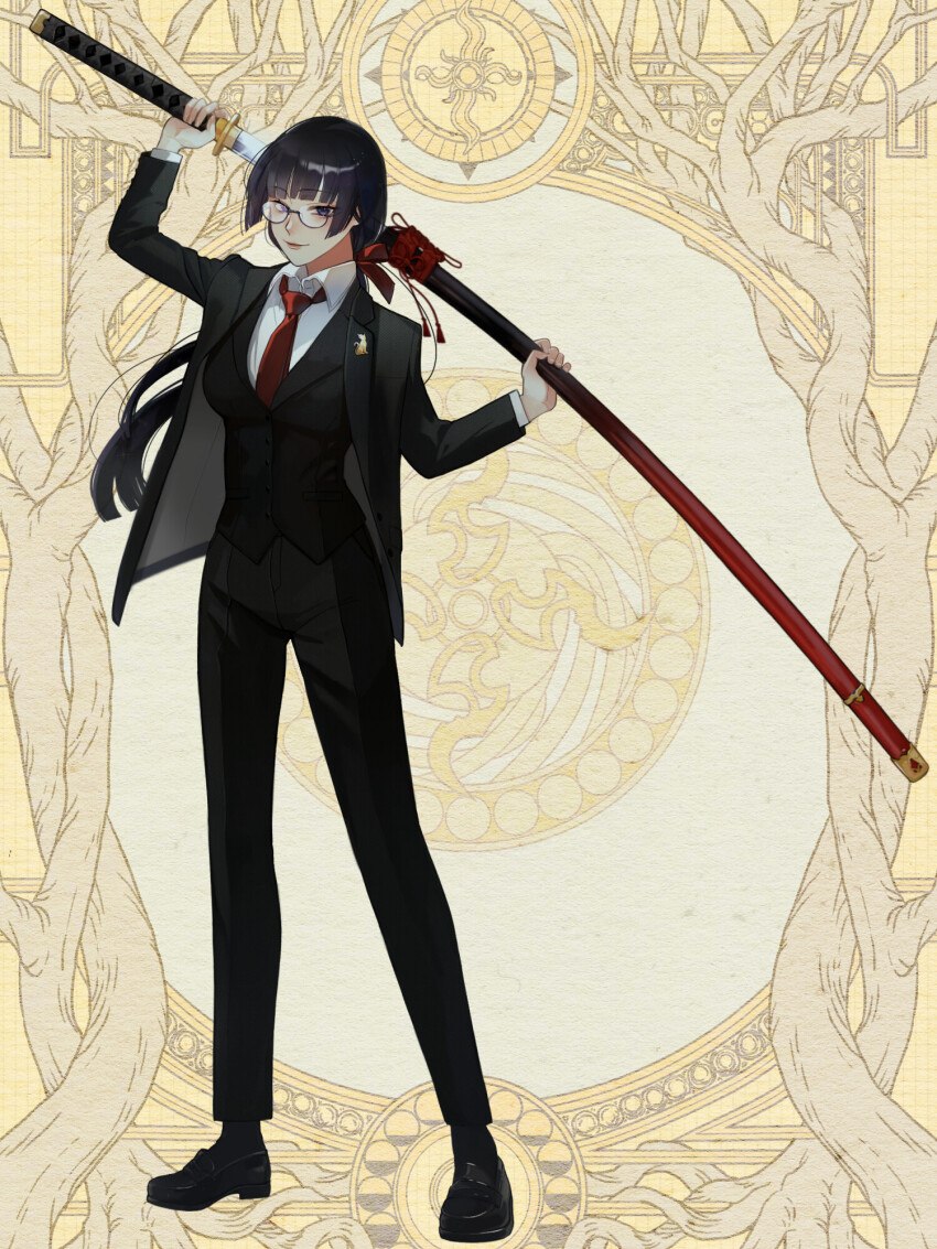 1girl, black_pants, black_shoes, black_suit, blue_eyes, dairoku_ryouhei, formal_clothes, full_body