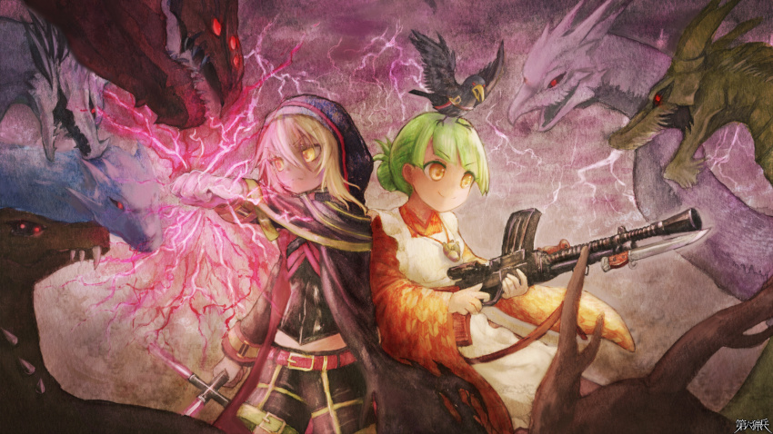 1boy, 1girl, apron, bayonet, belt, bird, blonde_hair, clenched_hand, copyright_name, crow, dairoku_ryouhei, dark-skinned_female, dark_skin, dragon, electricity, energy_sword, gloves, green_hair, gun, hair_bun, highres, hikita_kikuzuki, holding, japanese_clothes, jewelry, kimono, lightsaber, magic, necklace, outdoors, red_eyes, short_hair, smile, standing, sword, usaleek, weapon, white_gloves, yagasuri, yellow_eyes, yusto_cayenne