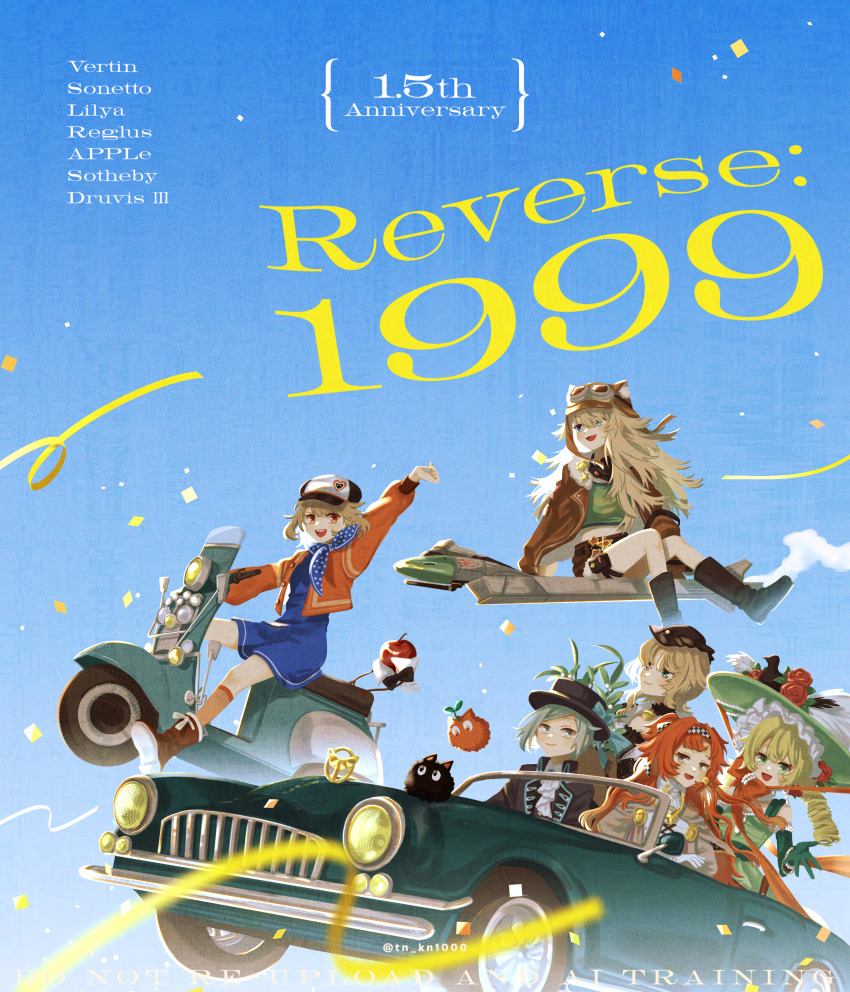 6+girls, :d, absurdres, animal_ear_headwear, anniversary, apple, apple_(reverse:1999), arm_up