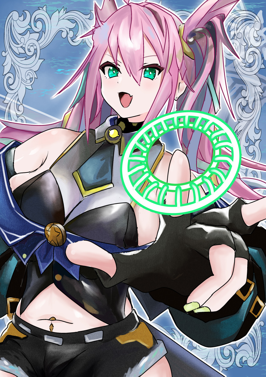 1girl, absurdres, artmage_litera, ascot, black_ascot, black_gloves, black_shorts, breasts