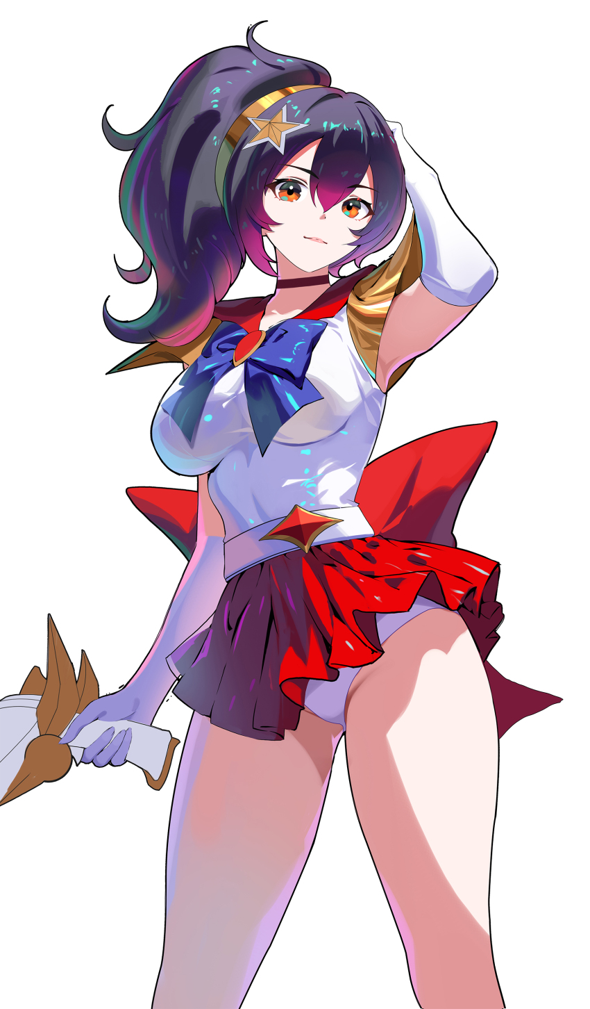 1girl, absurdres, arm_up, armpits, black_hair, blue_bow, blue_bowtie, bow