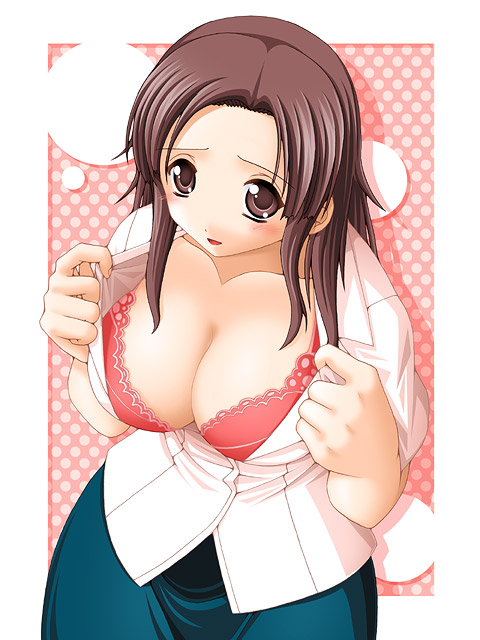 bra, breasts, brown_eyes, brown_hair, cleavage, forehead, huge_breasts, kawada_tomoko