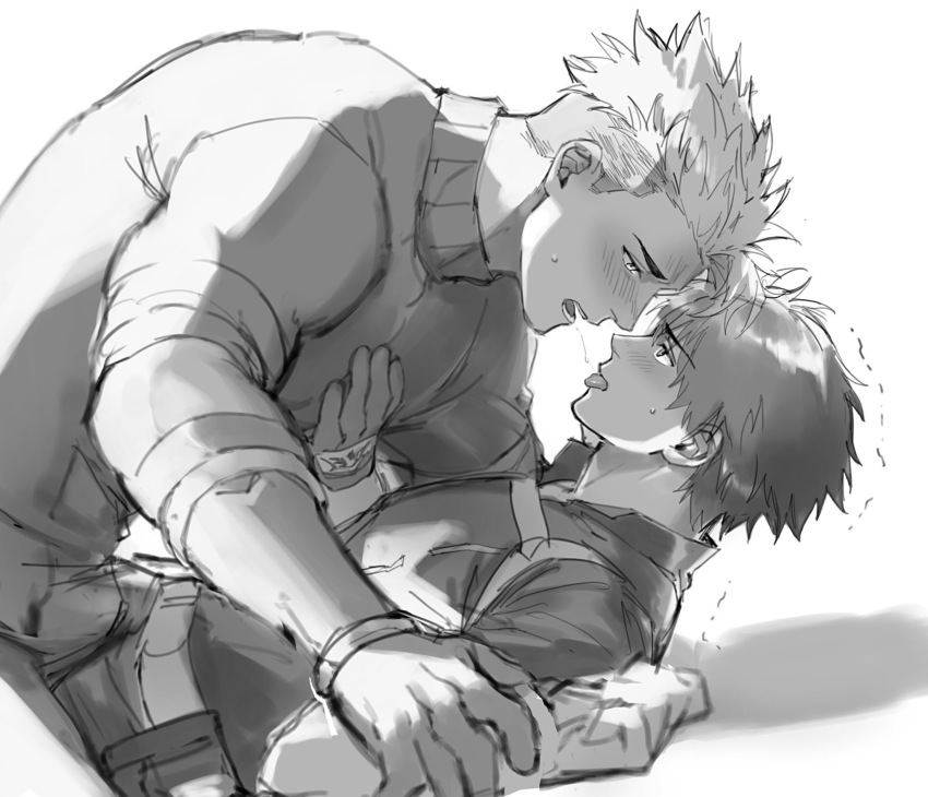 2boys, achilles_(fate), blush, boy_on_top, fate/grand_order, fate_(series), fujimaru_ritsuka_(male), fujimaru_ritsuka_(male)_(polar_chaldea_uniform), hand_tattoo, highres, holding_hands, looking_at_another, male_focus, monochrome, multiple_boys, muscular, muscular_male, oogata_(l_m00g), pushing_down, saliva, saliva_trail, sitting, sitting_on_lap, sitting_on_person, tattoo, tongue, tongue_out, trembling, yaoi