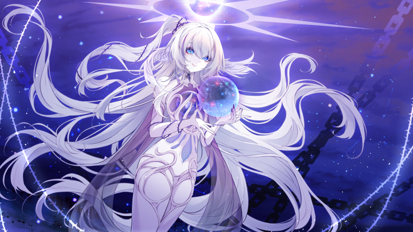 1girl, absurdly_long_hair, absurdres, blue_eyes, chain, colored_skin, commentary_request, commission