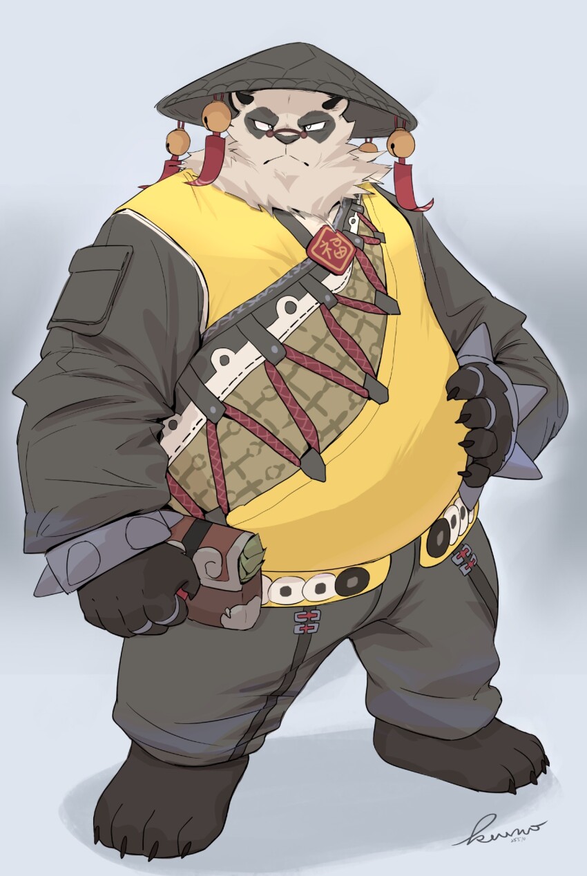 1boy, animal_ears, bara, barefoot, bell, belly, black_pants, bracelet