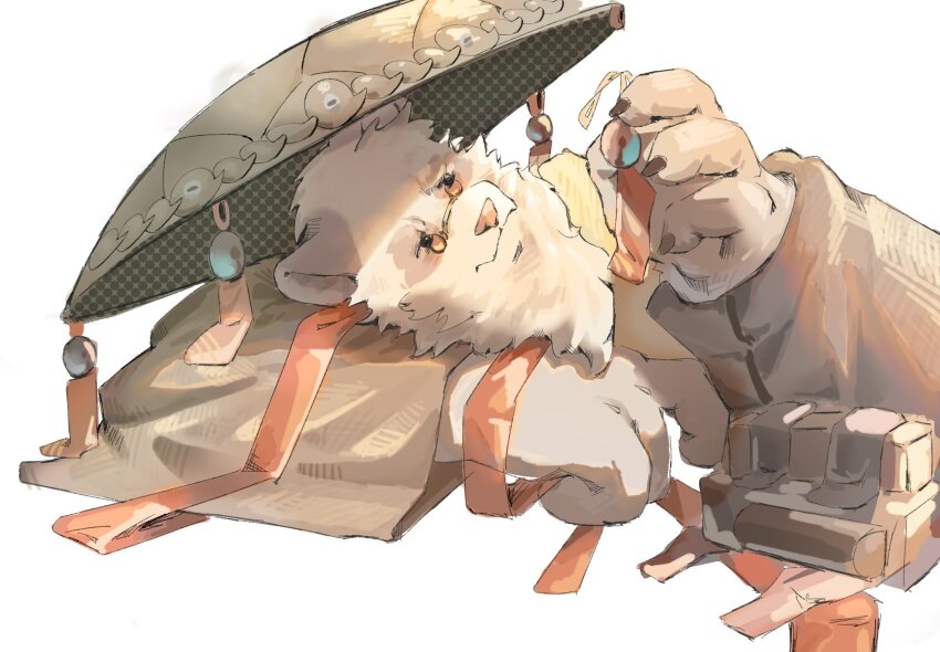 1boy, animal_ears, bell, black_fur, chinese_clothes, chinese_commentary, closed_mouth, commentary_request, furry, furry_male, head_on_arm, highres, holding, jingle_bell, looking_at_object, male_focus, muse_xiaobai, pan_yinhu, panda_boy, panda_ears, round_eyewear, shirt, white_fur, wok, yellow_shirt, zenless_zone_zero