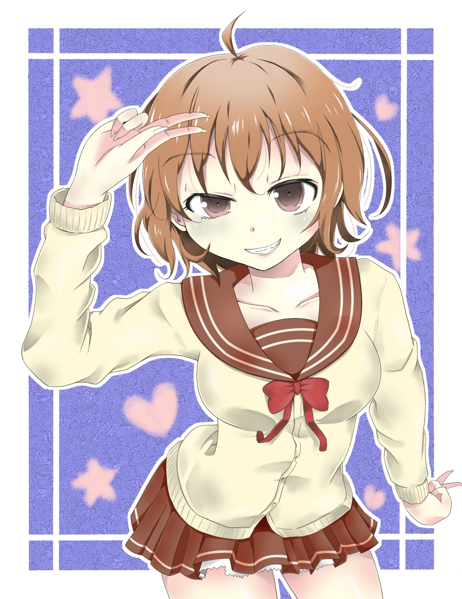 10s, 1girl, ahoge, breasts, brown_eyes, brown_hair, cardigan, denpa_onna_to_seishun_otoko