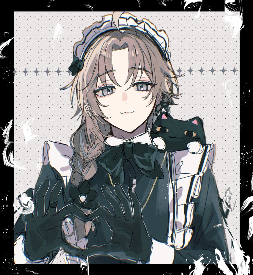 1boy, :3, ahoge, akrngo_0708, apron, black_bow, black_bowtie, black_dress