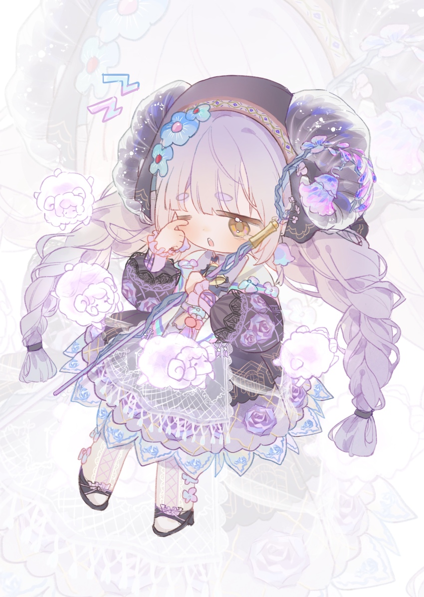 1girl, absurdres, apron, azi_butaizi, black_headscarf, black_jacket, black_shoes, blue_flower