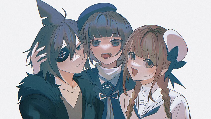 1481958711, 1girl, 2boys, anchor_symbol, black_coat, blue_bow, blue_eyes, blue_hat