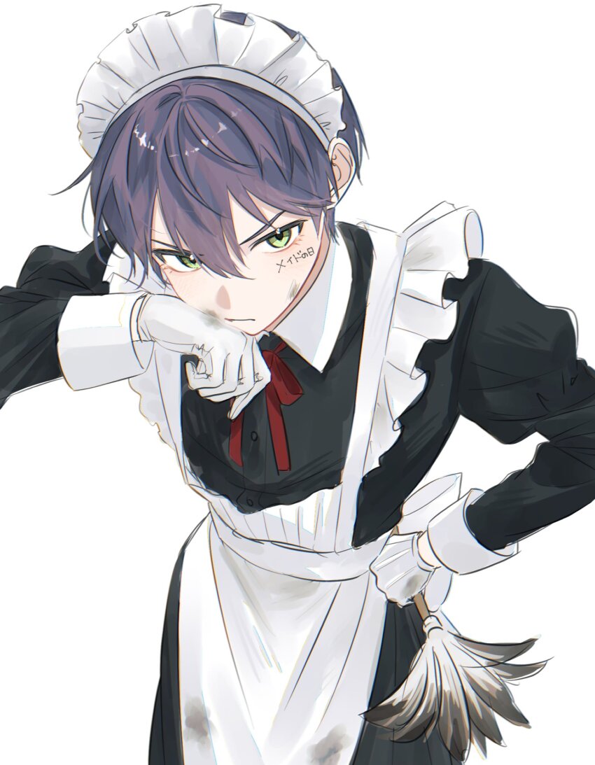 1boy, alternate_costume, apron, black_dress, closed_mouth, collared_dress, crossdressing, crossdressing_(mtf)