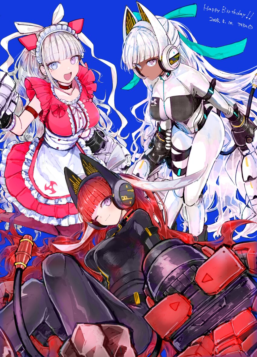 1girl, absurdres, akiba_hinagiku, animal_ear_headphones, animal_ears, birthday, black_bodysuit, blue_background