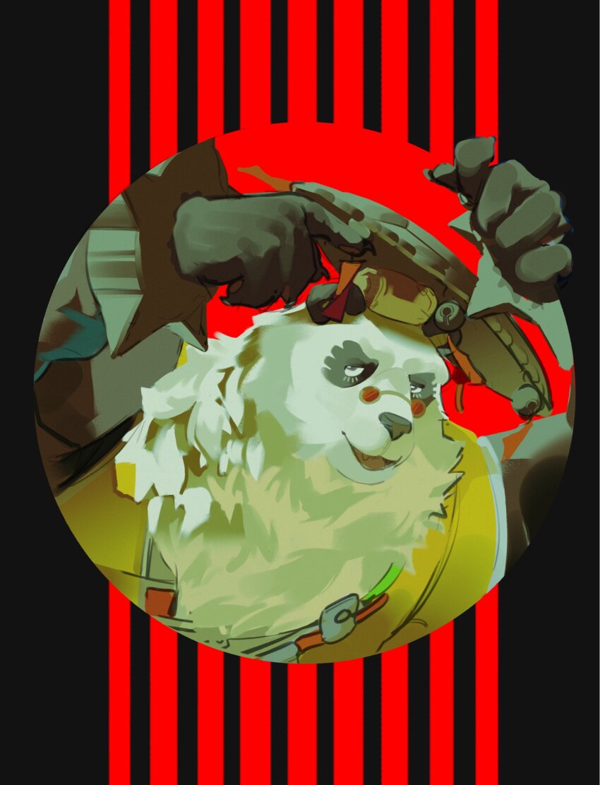 1boy, animal_ears, bara, bell, bracelet, cake, chinese_clothes, chyofurbug, claws, fat, fat_man, food, furry, furry_male, hand_on_headwear, hashtag-only_commentary, highres, jewelry, jingle_bell, looking_up, male_focus, open_mouth, pan_yinhu, panda_boy, panda_ears, round_eyewear, shirt, smile, spiked_bracelet, spikes, swiss_roll, wok, yellow_shirt, zenless_zone_zero