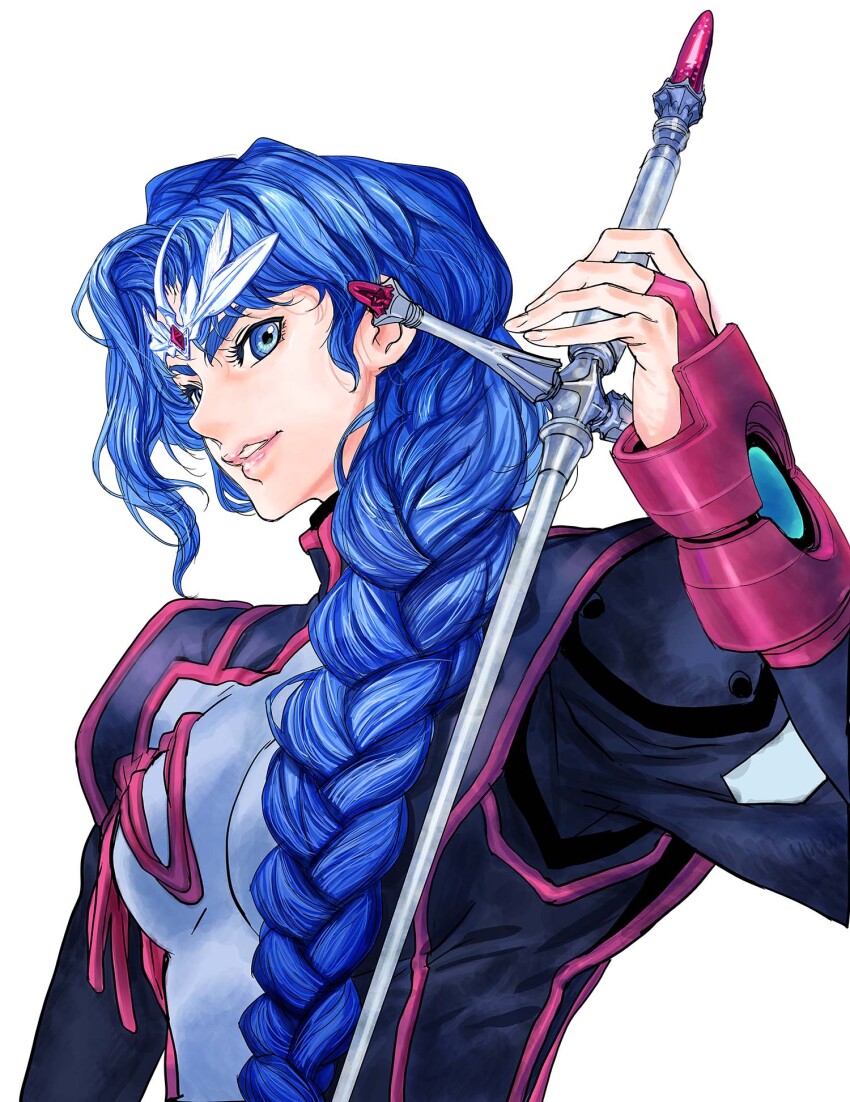 1girl, blue_hair, bodysuit, braid, breasts, circlet, hair_over_shoulder, highres