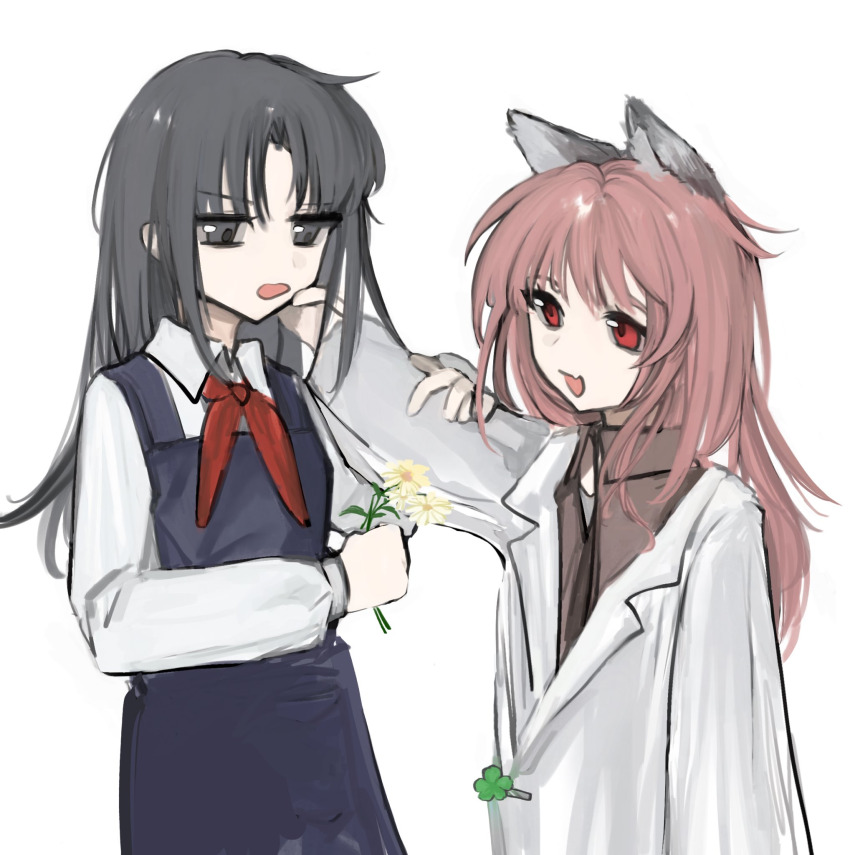 angelia_(girls'_frontline), animal_ears, brown_shirt, cat_ears, cheek_pinching, five-leaf_clover, flower, girls'_frontline