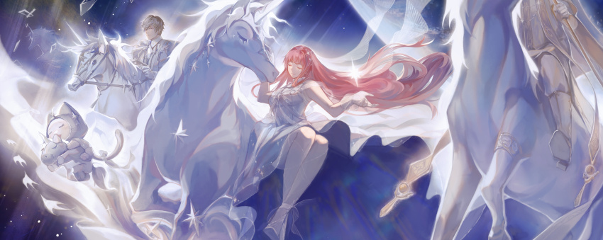 1girl, 2boys, absurdres, ad_lunam_(shining_nikki), ahoge, animal, ankle_bow, ankle_ribbon