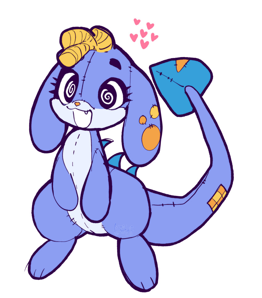 1girl, :d, @_@, absurdres, animal_ears, black_eyes, blonde_hair, chibikemo, commentary, creature, creature_focus, digitigrade, dreamalgia, english_commentary, fang, furry, furry_female, heart, highres, looking_at_viewer, neopet_(creature), neopets, open_mouth, plushie_neopet, ringlets, sentient_stuffed_toy, short_hair, simple_background, smile, solo, spikes, stitches, stuffed_animal, stuffed_toy, tail, white_background, zafara