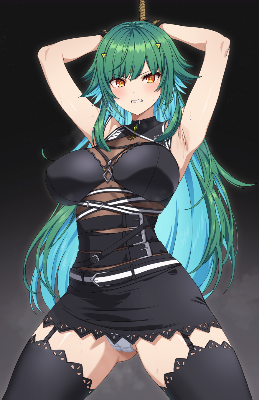 1girl, angry, armpits, arms_up, belt, blue_hair, blush, bound, bound_wrists, breasts, cameltoe, clenched_teeth, commission, fuooooo, garter_straps, gluteal_fold, green_hair, hair_ornament, hairclip, highres, kitakoji_hisui, kitakoji_hisui_(2nd_costume), large_breasts, long_hair, looking_at_viewer, multiple_belts, nijisanji, panties, pantyshot, pixiv_commission, restrained, rope, skirt, sleeveless, solo, sweat, sweatdrop, teeth, thighhighs, underwear, virtual_youtuber, white_panties, yellow_eyes
