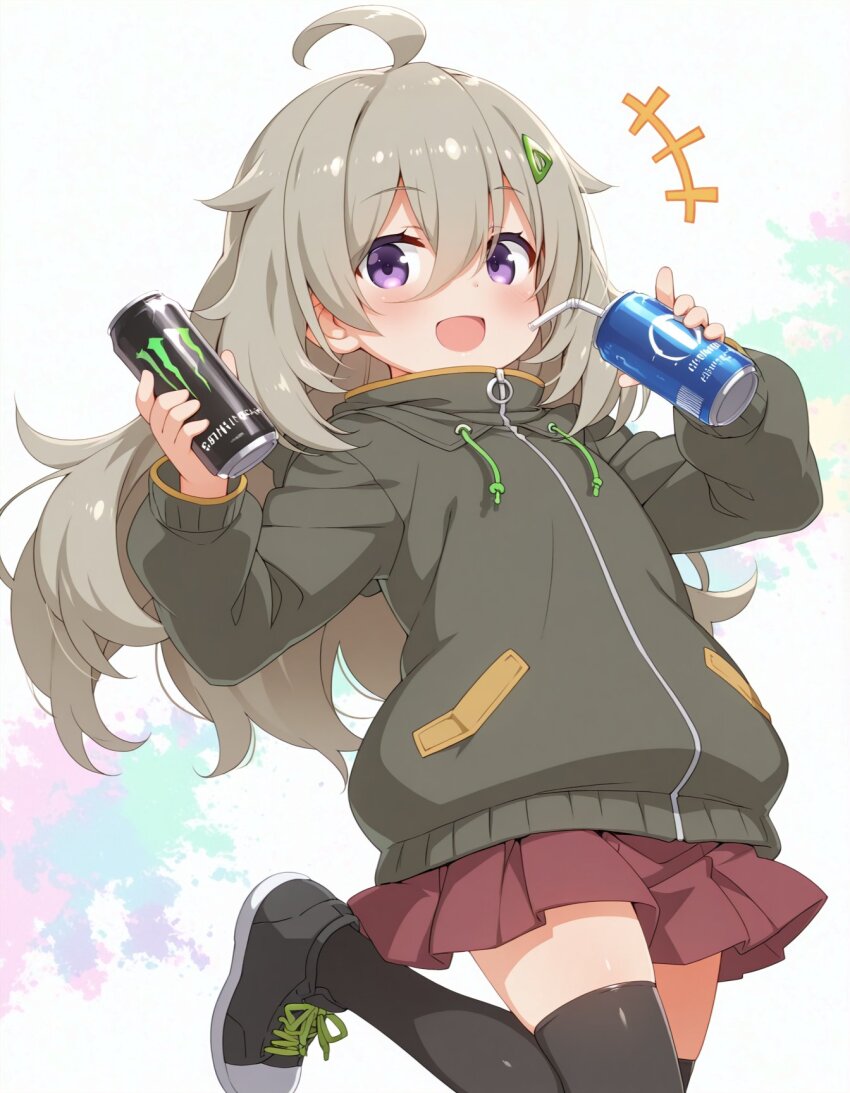 1girl, ahoge, black_thighhighs, blush, coat, dot_nose, drinking_straw, female_focus, genericibuki555, hair_between_eyes, hair_ornament, hairclip, hibi_wa_sugiredo_meshi_umashi, higa_tsutsuji, highres, holding, long_hair, looking_at_viewer, monster_energy, open_mouth, purple_eyes, shoes, skirt, solo, standing, standing_on_one_leg, thighhighs