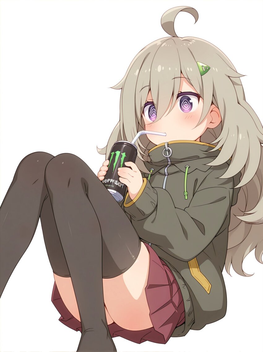 1girl, @_@, ahoge, ass, black_thighhighs, can, coat, convenient_censoring, drink_can, drinking, drinking_straw, female_focus, genericibuki555, hair_ornament, hairclip, hibi_wa_sugiredo_meshi_umashi, higa_tsutsuji, highres, holding, long_hair, long_sleeves, monster_energy, no_shoes, purple_eyes, simple_background, sitting, skirt, solo, thighhighs, white_background
