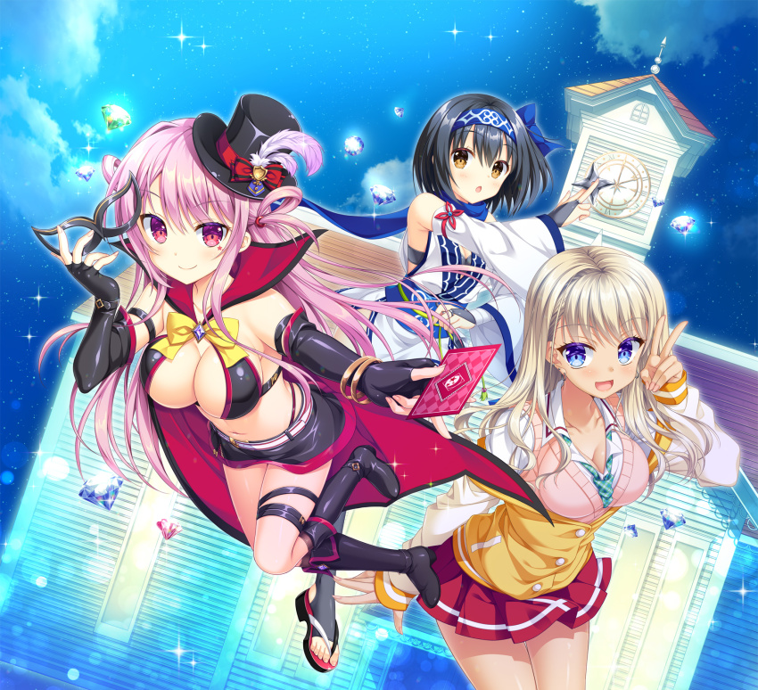 3girls, :d, :o, ambitious_mission, arise_kaguya, arisue_tsukasa, armor, bare_shoulders