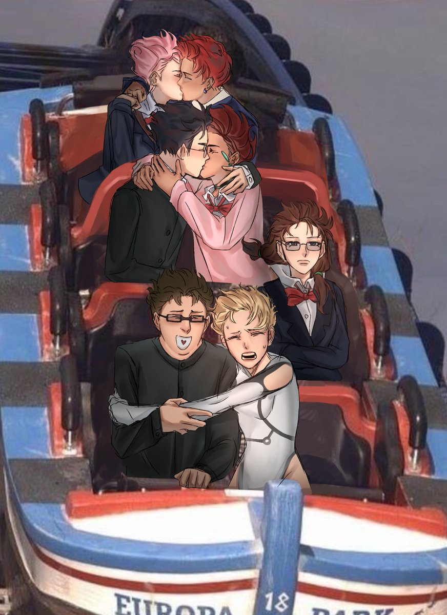 3boys, 4girls, ayase_momo, black_hair, blonde_hair, blush, bow, brown_hair