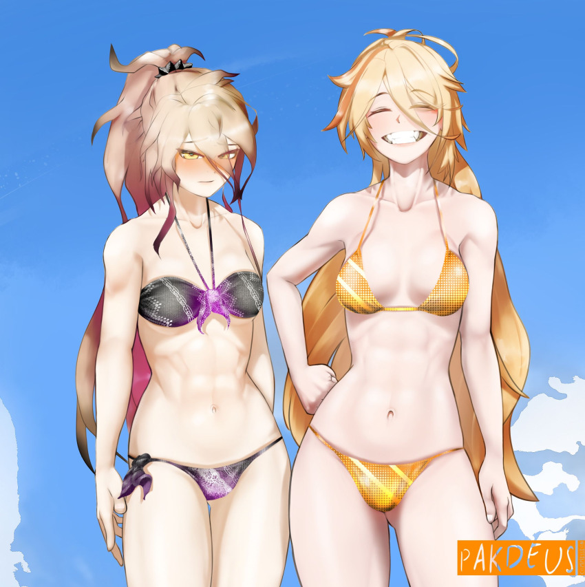 2girls, :d, bikini, black_bikini, blonde_hair, blue_background, breasts, clear_sky
