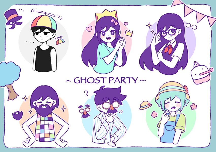..., 2girls, 4boys, ?, aubrey_(headspace)_(omori), aubrey_(omori), basil_(headspace)_(omori), basil_(omori)