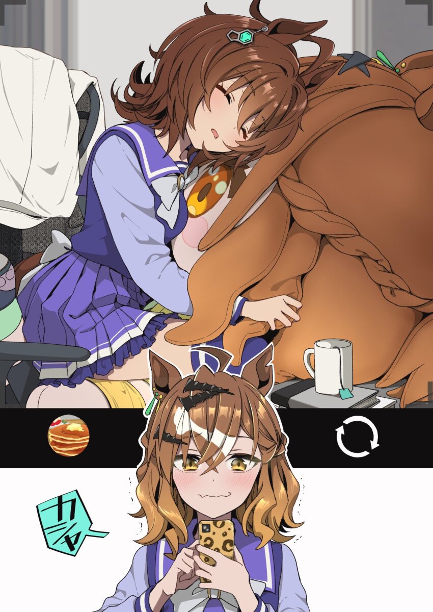 2girls, agnes_tachyon_(umamusume), ahoge, animal_ears, animal_print, back_bow, blush, bow