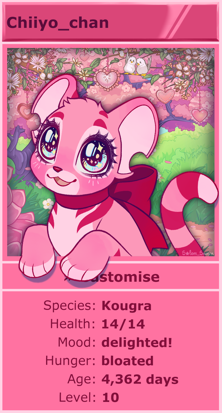 :3, animal, animal_focus, bird, blue_eyes, bow, commentary, creature, creature_focus, english_commentary, english_text, eyelashes, gameplay_mechanics, highres, kougra, neopet_(creature), neopets, no_humans, open_mouth, original, outdoors, pink_fur, pink_theme, red_bow, salemsevern, solo_focus, sparkling_eyes, stats, through_medium, tiger, tree, valentine_neopet