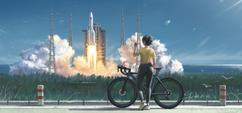 1girl, bicycle, bird, black_hair, black_pants, blue_skirt, bottle, chinese_national_space_administration, fire, forest, from_behind, full_body, highres, long_march_(rocket), nature, ocean, original, paid_reward_available, painting_(medium), pants, people's_liberation_army_strategic_support_force, rocket, seagull, shirt, shoes, shouhui_lang_qun, signature, skirt, smoke, sneakers, solo, spacecraft, standing, traditional_media, tree, water, water_bottle, white_shoes, yellow_shirt