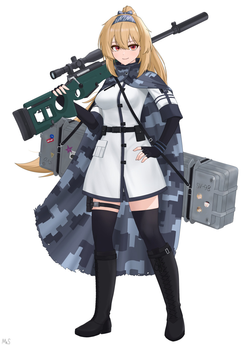 absurdres, alternate_costume, belt, belt_pouch, blonde_hair, bolt_action, boots, camouflage_cloak