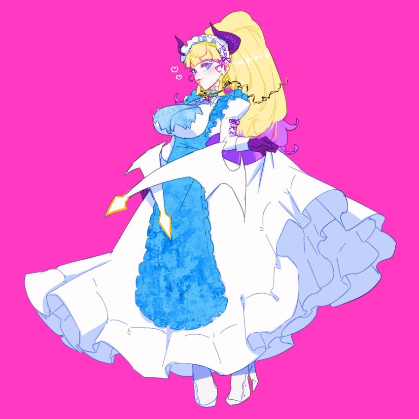 1girl, alternate_costume, blonde_hair, blue_eyes, breasts, commentary_request, demon_horns, demon_wings