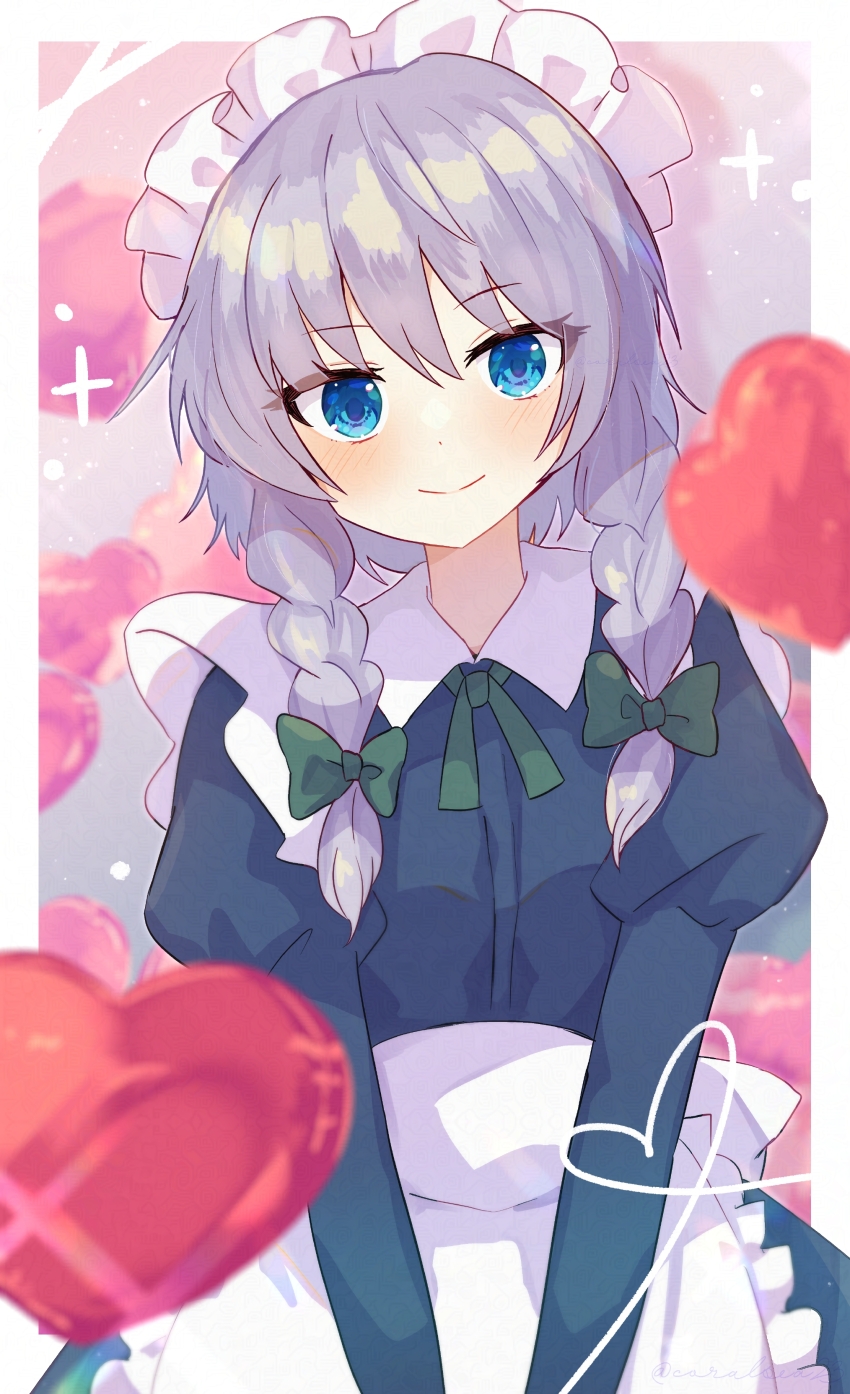 1girl, absurdres, apron, balloon, blue_dress, blue_eyes, blurry, blush, bow, braid, closed_mouth, commentary, depth_of_field, dress, green_bow, grey_hair, heart_balloon, highres, izayoi_sakuya, juliet_sleeves, long_hair, long_sleeves, looking_at_viewer, maid, maid_day, maid_headdress, puffy_sleeves, smile, solo, tomomasa_(coralsea23), touhou, twin_braids, waist_apron, white_apron